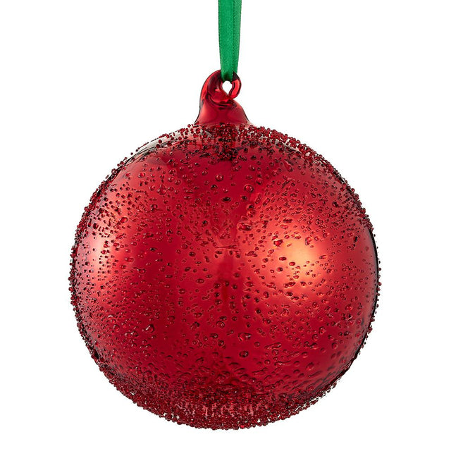Red beaded glass ornament with an all-over beaded surface.