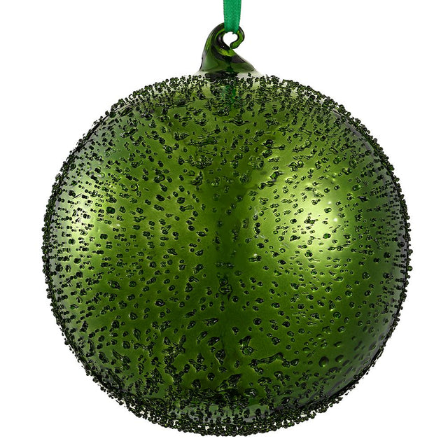 Green glass beaded ball ornament, 6 inch, for Christmas tree decorating