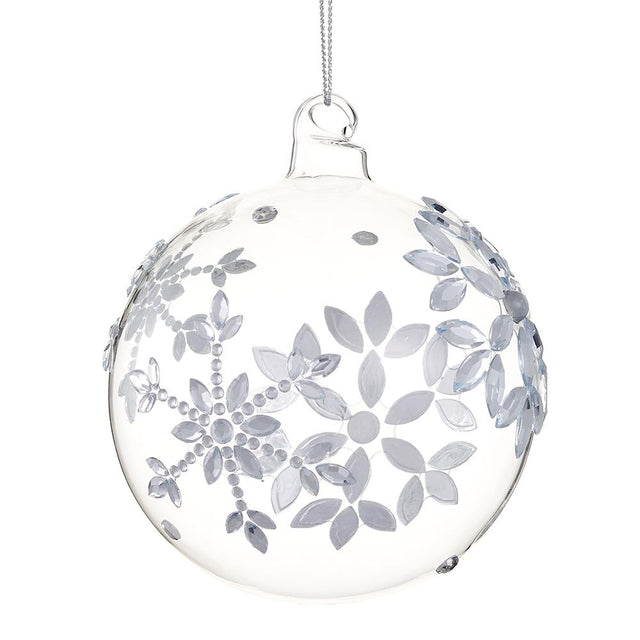 Clear glass ball ornament with a rhinestone snowflake.