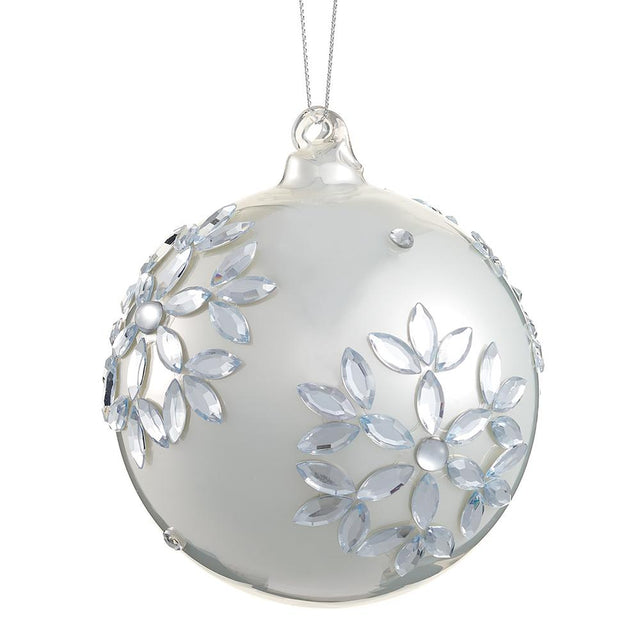 Pearl rhinestone glass ball ornament with a jeweled finish.