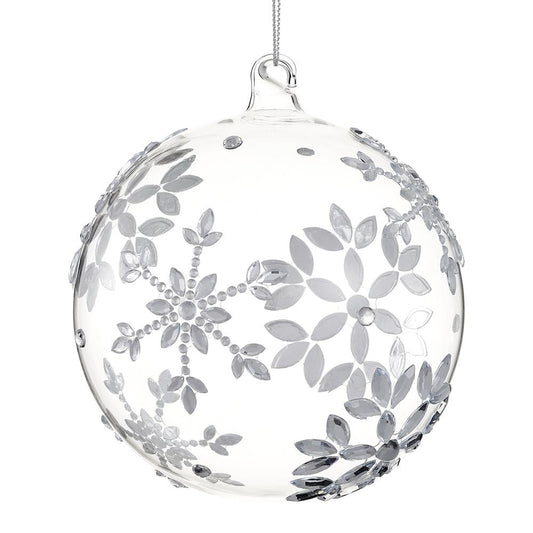 5" Clear Snowflake Silver Rhinestone Glass Ball Ornament