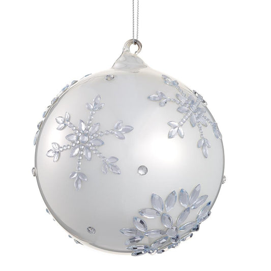 5" White Snowflake Silver Rhinestone Glass Ball Ornament