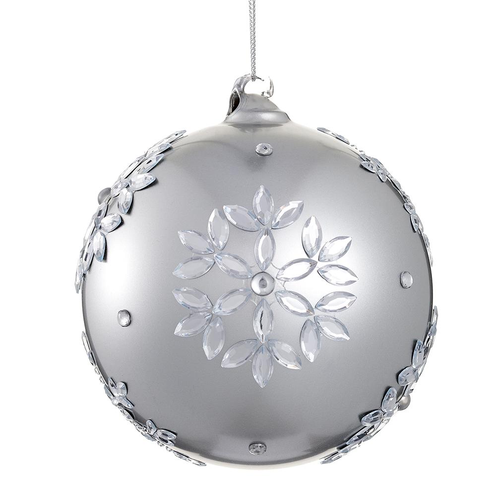 5" Silver Snowflake Rhinestone Glass Ball Ornament