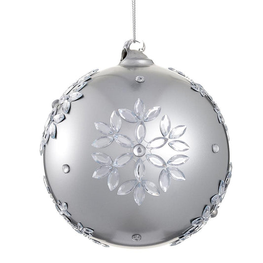 5" Silver Snowflake Rhinestone Glass Ball Ornament