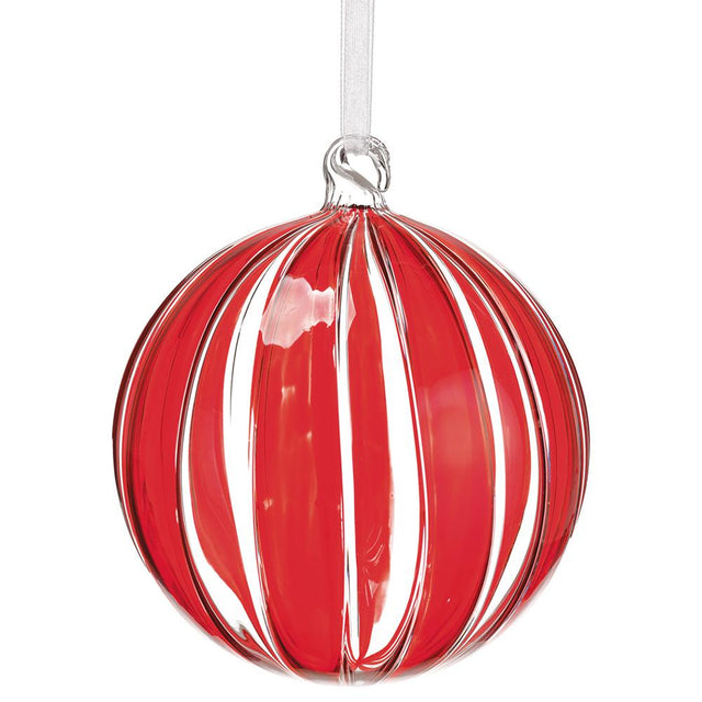 Red and clear striped glass ball ornament.