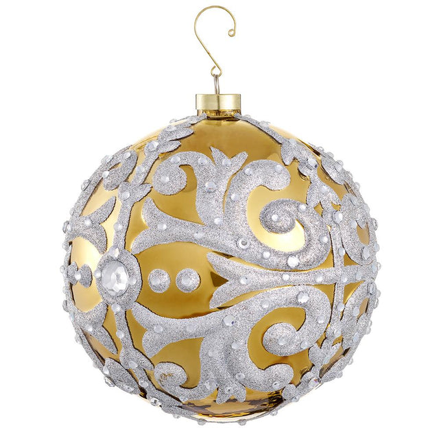 Gold glitter ball ornament with a two-tone metallic surface with diamond-bright glitter.
