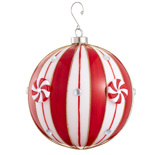 Red and white candy gem glass ball ornament with a jeweled finish.