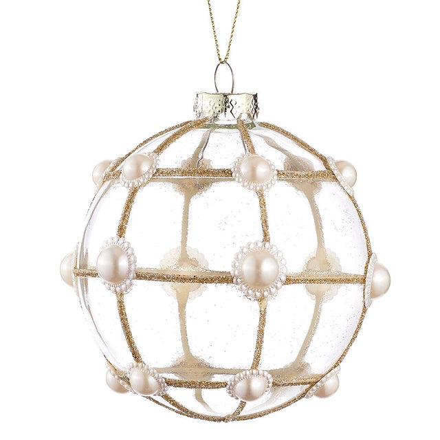 Pearl glass ball ornament with pearl glass detail.