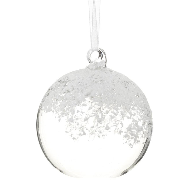 Clear snowed glass ball ornament with a frosted finish, 4 inch.