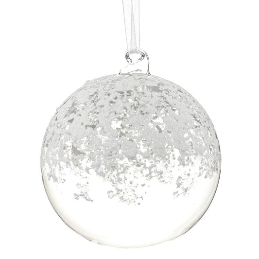 5" Clear Snowed Glass Ball Ornament