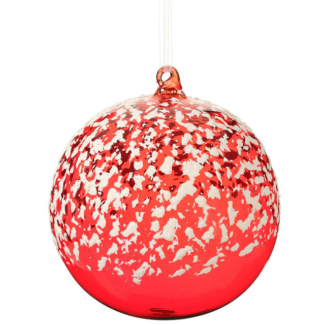 Red snowed glass ball ornament with a frosted finish.