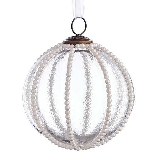 Clear ornament with pearl detail and a luminous finish.