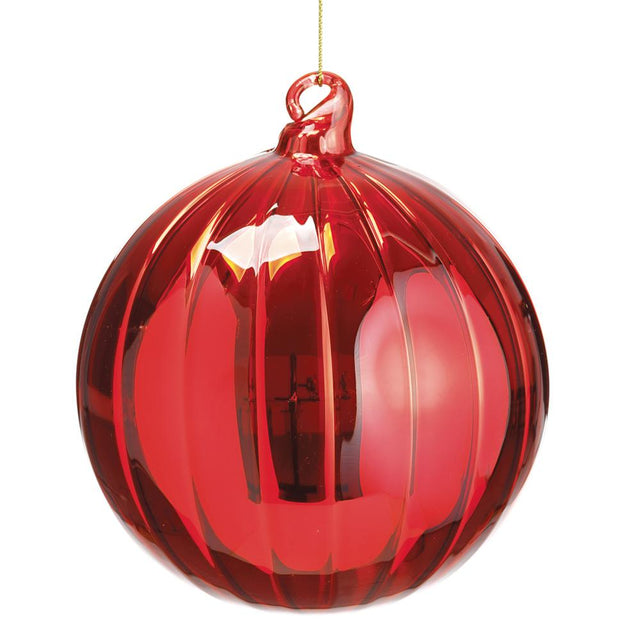 Red stripe glass ball ornament with a glossy finish.
