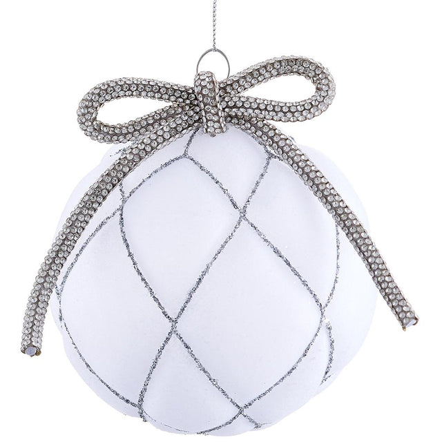 White glass ball ornament with a velvet diamond bow.