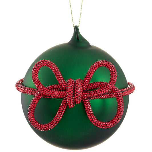 4" Green Red Bow Glass Ball Ornament
