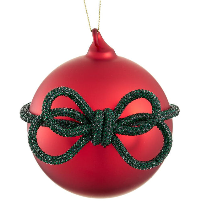 Red green bow glass ball ornament with a bow detail.