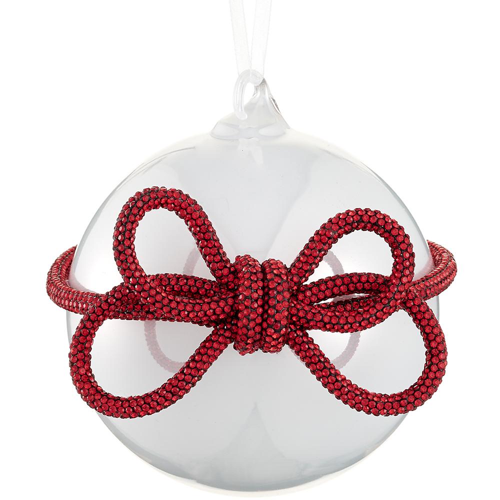 4" Pearl Red Bow Glass Ball Ornament