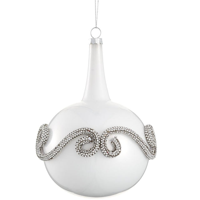 White diamond drop glass ornament with beaded detail.