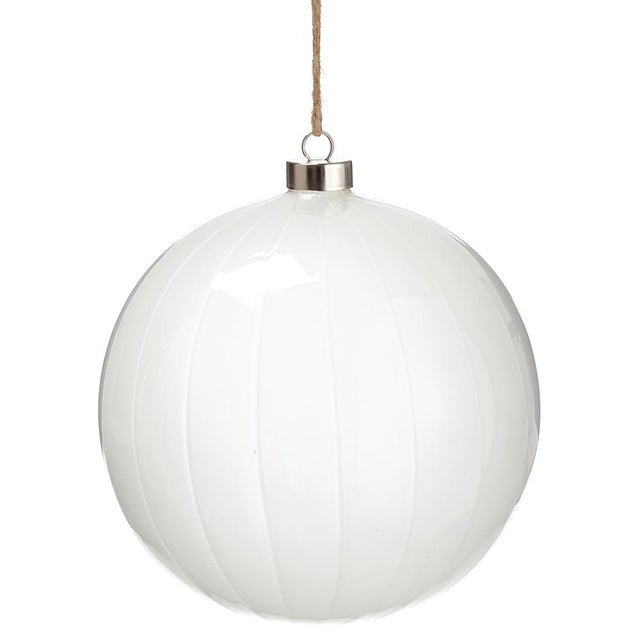 White glass ball ornament with stripes.