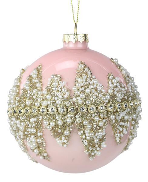 Pink rhinestone glass ball ornament with a jeweled surface.