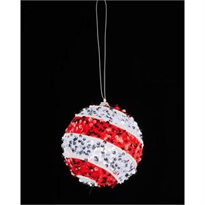 Red and white striped sequin ball ornament.