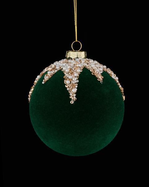 Emerald velvet beaded glass ornament with a soft finish.