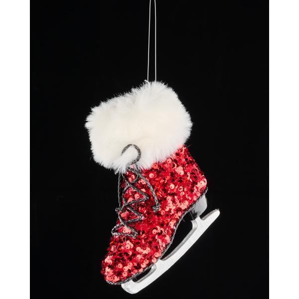 7" Red Ice Skate Fluff Sequin Ornament