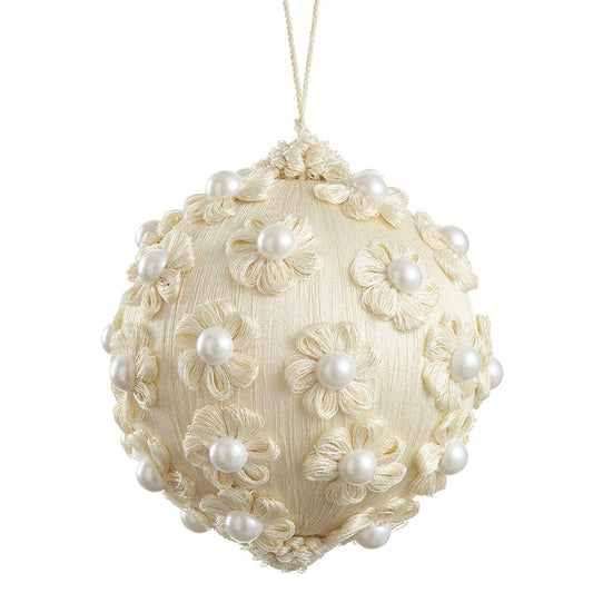 5" Yarn Pearl Flower Ball Ornament Ivory