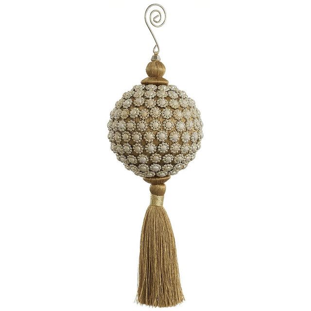 Gold tassel jewel ball ornament with a bejeweled finish.