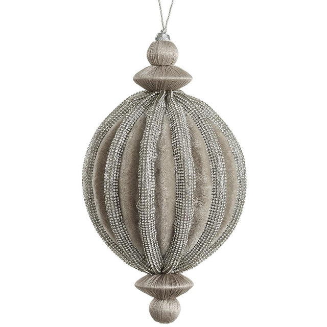 Silver velvet ball ornament with jeweled accents.