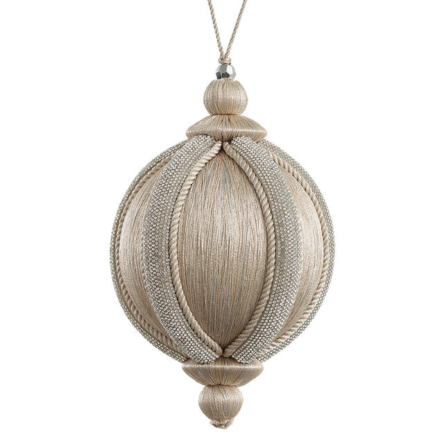 Sparkle yarn ball ornament in champagne and silver.