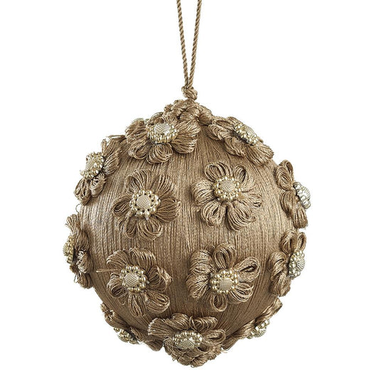 4" Yarn Jewel Flower Ball Ornament Champagne Gold
