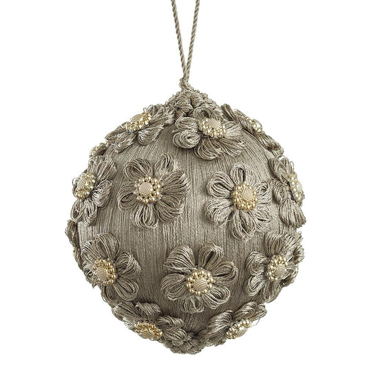 4" Gray Yarn Jewel Flower Ball Ornament