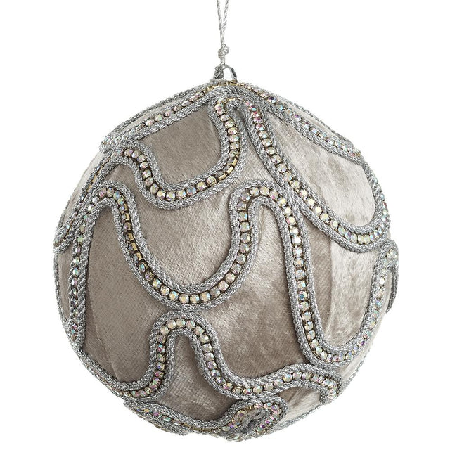 Silver velvet ball ornament with jeweled accents.
