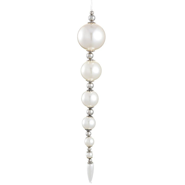 Pearl icicle ornament with a long drop shape.