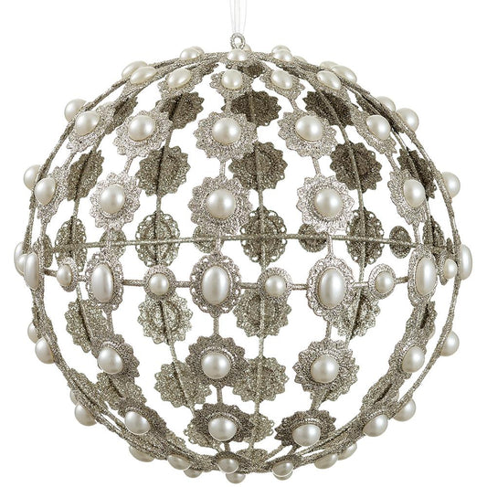 8" Filigree Ball Glittered Pearl Ornament Silver
