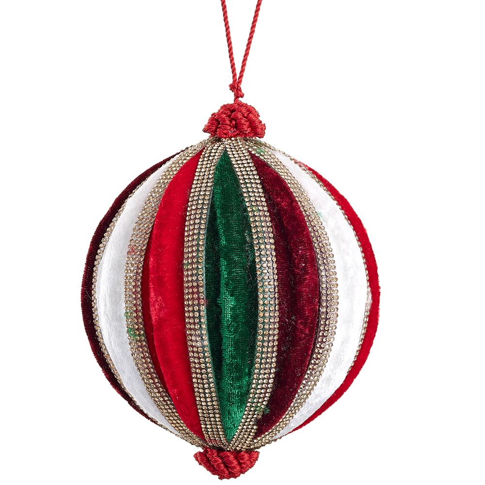 5" Red Green White Diamond Velvet Ball Ornament