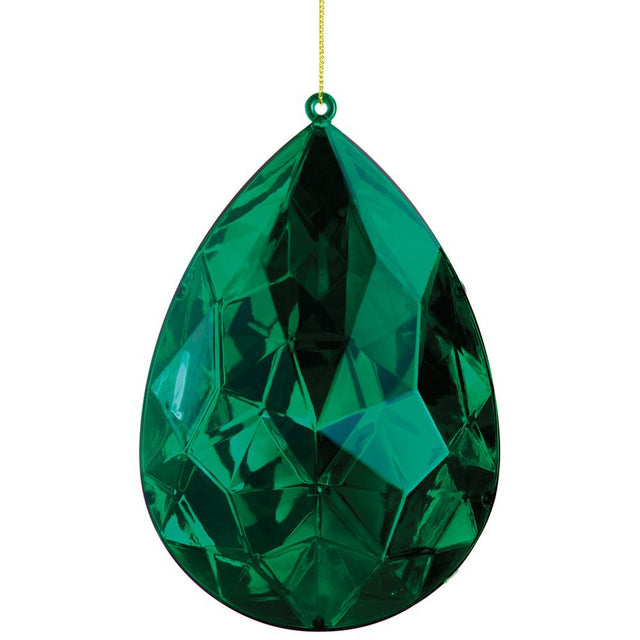 Green jeweled plastic ornament with a faceted surface.