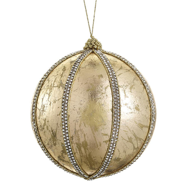 Gold diamond trim ball ornament with a beaded band.