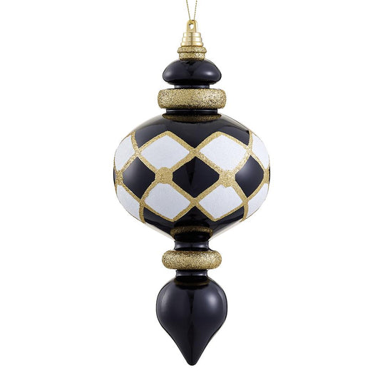 8" Finial Black & White Plastic Gold Glitter Ornament