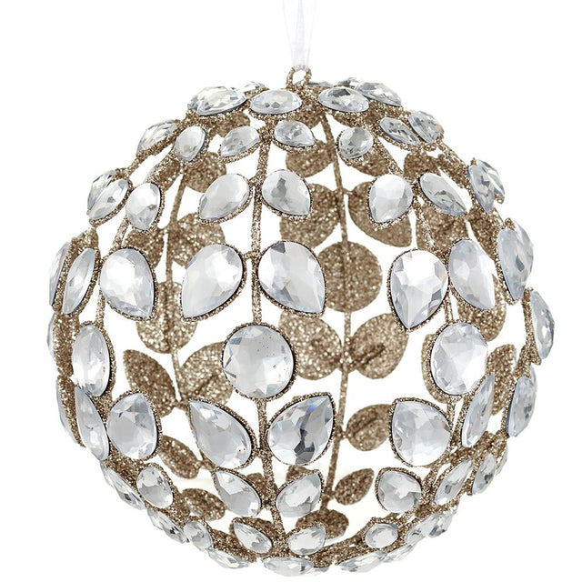 Clear and gold gem ball ornament with a glittered finish.
