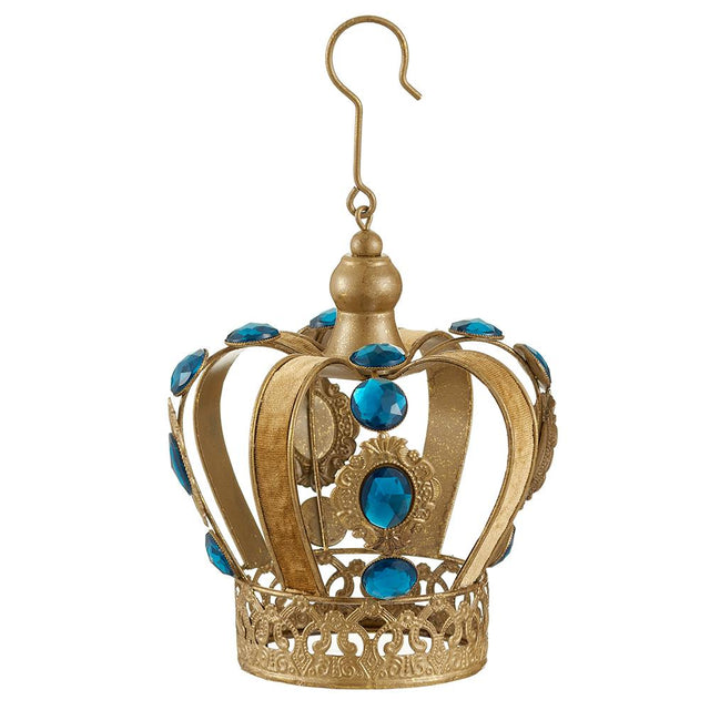 Gold and teal antique rhinestone crown ornament with jeweled detail.