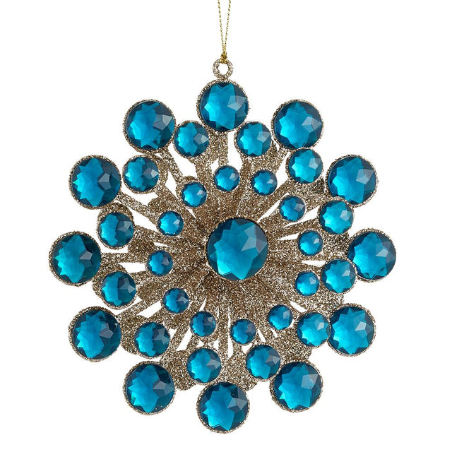 Gold and teal jeweled starburst ornament with glitter.