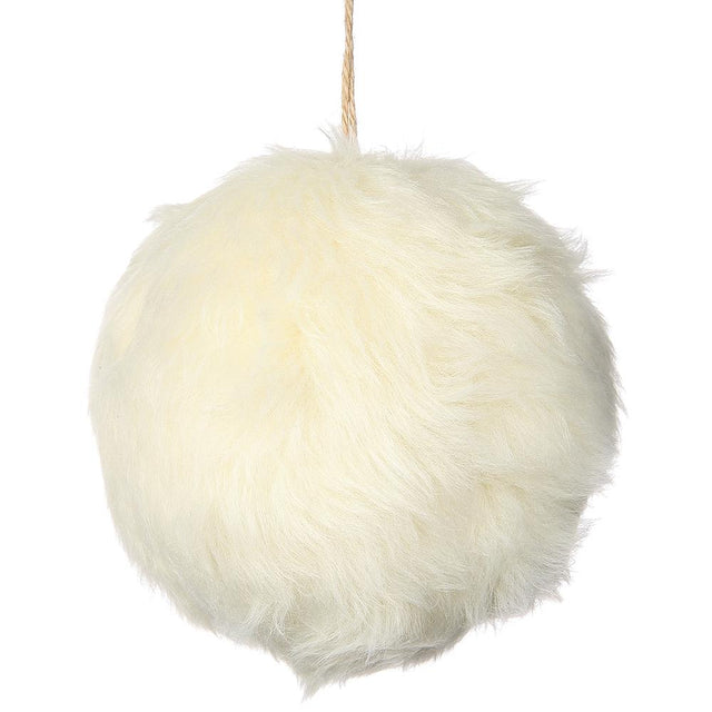 White ball ornament with white fur ball detail.