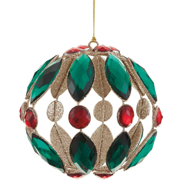 Red and green filigree ball ornament with rhinestones and glitter.