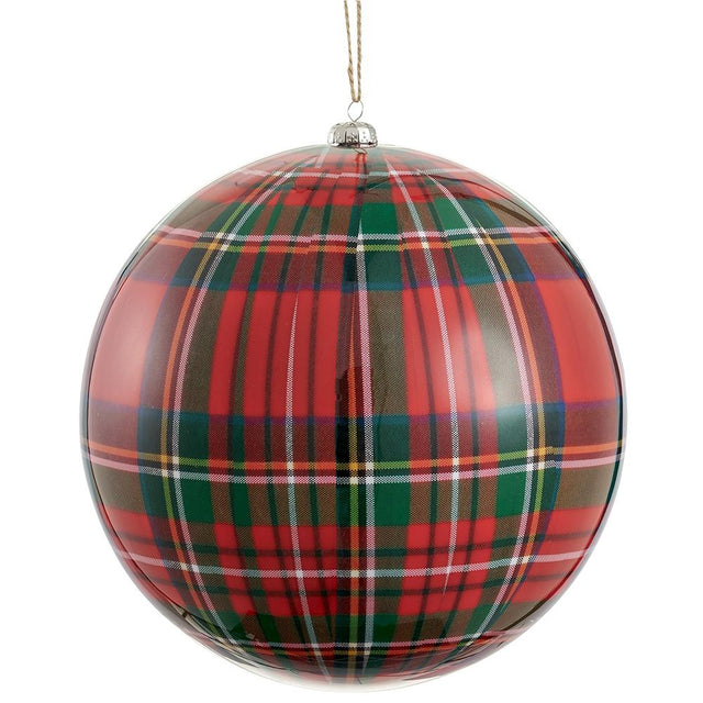 Red green ornament with plaid red green plastic detail.