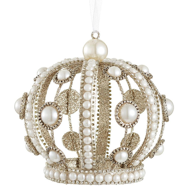 Champagne pearl crown ornament with glittered jeweled detail.