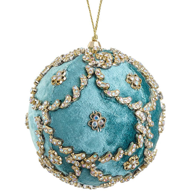 Turquoise velvet ball ornament with a diamond-quilted finish.