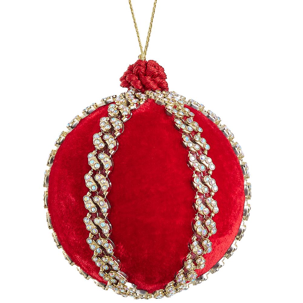 4" Red Gold Diamond Velvet Ball Ornament