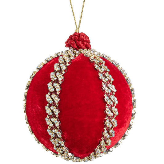 4" Red Gold Diamond Velvet Ball Ornament